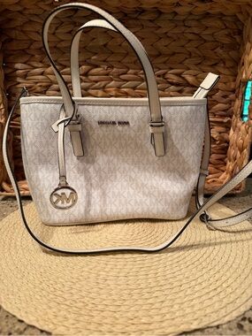 Michael Kors Cream Logo Tote with MK Charm Jet Set x-sm purse handbag crossbody